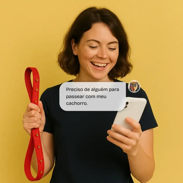 Imagem promocional contendo uma mulher feliz, segurando a guia de um cachorro...