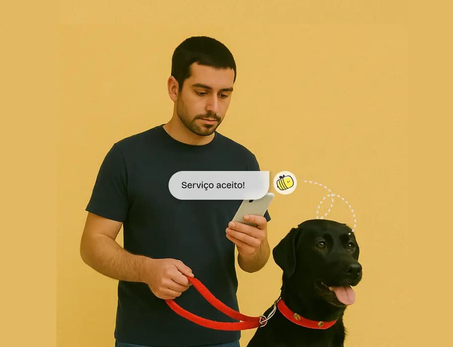Imagem promocional contendo um homem olhando para a tela do celular e segurando a guia de um cachorro com uma coleira vermelha. Sobrepondo a imagem, um balão de texto escrito `Serviço aceito`  
